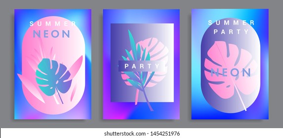 Set of holographic neon posters with composition of palm leaves and geometric shapes. Summer party event, sale promo, music cover in synthwave/ vaporwave/ retrowave 80s-90s retro style.