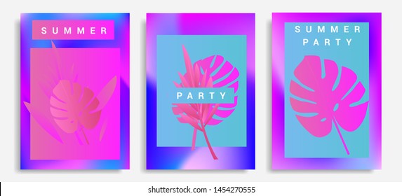 Set of holographic neon posters with composition of palm leaves and geometric shapes. Summer party event, sale promo, music cover in synthwave/ vaporwave/ retrowave 80s-90s retro style.