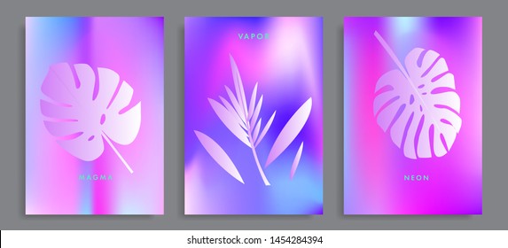 Set of holographic neon posters with composition of palm leaves and geometric shapes. Summer party event, sale promo, music cover in synthwave/ vaporwave/ retrowave 80s-90s retro style.