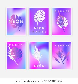 Set of holographic neon posters with composition of palm leaves and geometric shapes. Summer party event, sale promo, music cover in synthwave/ vaporwave/ retrowave 80s-90s retro style.