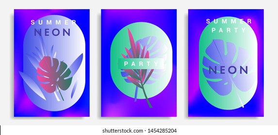 Set of holographic neon posters with composition of palm leaves and geometric shapes. Summer party event, sale promo, music cover in synthwave/ vaporwave/ retrowave 80s-90s retro style.