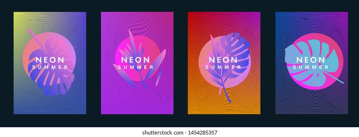 Set of holographic neon posters with composition of palm leaves and geometric shapes. Summer party event, sale promo, music cover in synthwave/ vaporwave/ retrowave 80s-retro 90s style.