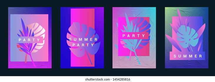 Set of holographic neon posters with composition of palm leaves and geometric shapes. Summer party event, sale promo, music cover in synthwave/ vaporwave/ retrowave 80s-90s retro style.