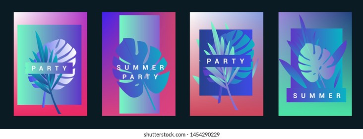 Set of holographic neon posters with composition of palm leaves and geometric shapes. Summer party event, sale promo, music cover in synthwave/ vaporwave/ retrowave 80s-90s style.