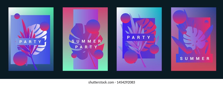 Set of holographic neon posters with composition of palm leaves and geometric shapes. Summer party event, sale promo, music cover in synthwave/ vaporwave/ retrowave 80s-90s style.
