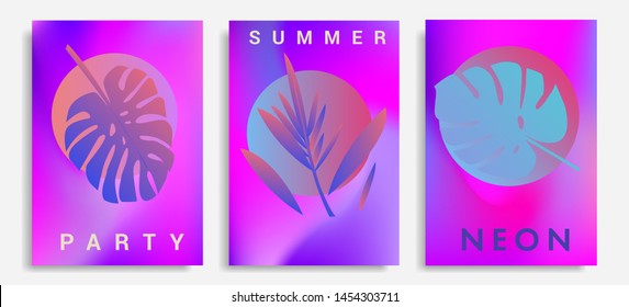 Set of holographic neon posters with composition of palm leaves and geometric shapes. Summer party event, sale promo, music cover in synthwave/ vaporwave/ retrowave 80s-90s retro style.