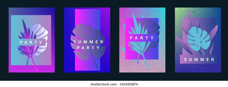 Set of holographic neon posters with composition of palm leaves and geometric shapes. Summer party event, sale promo, music cover in synthwave/ vaporwave/ retrowave 80s-retro 90s style.