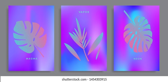 Set of holographic neon posters with composition of palm leaves and geometric shapes. Summer party event, sale promo, music cover in synthwave/ vaporwave/ retrowave 80s-retro 90s style.