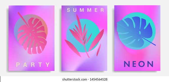 Set of holographic neon posters with composition of palm leaves and geometric shapes. Summer party event, sale promo, music cover in synthwave/ vaporwave/ retrowave 80s-90s retro style.