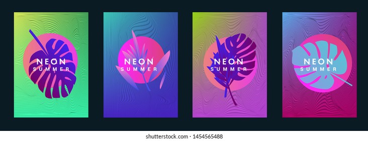 Set of holographic neon posters with composition of palm leaves and geometric shapes. Summer party event, sale promo, music cover in synthwave/ vaporwave/ retrowave 80s-90s retro style.