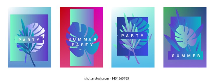 Set of holographic neon posters with composition of palm leaves and geometric shapes. Summer party event, sale promo, music cover in synthwave/ vaporwave/ retrowave 80s-90s retro style.