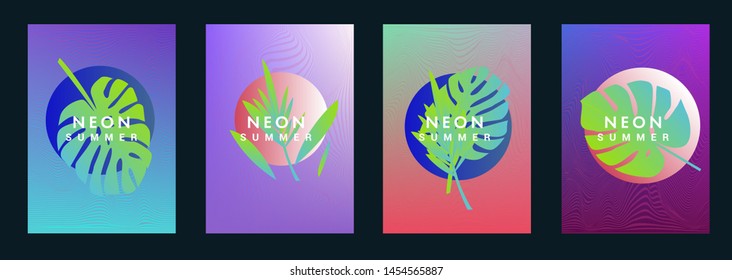 Set of holographic neon posters with composition of palm leaves and geometric shapes. Summer party event, sale promo, music cover in synthwave/ vaporwave/ retrowave 80s-90s retro style.