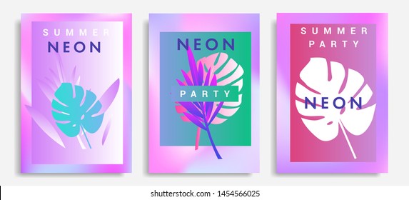 Set of holographic neon posters with composition of palm leaves and geometric shapes. Summer party event, sale promo, music cover in synthwave/ vaporwave/ retrowave 80s-90s retro style.