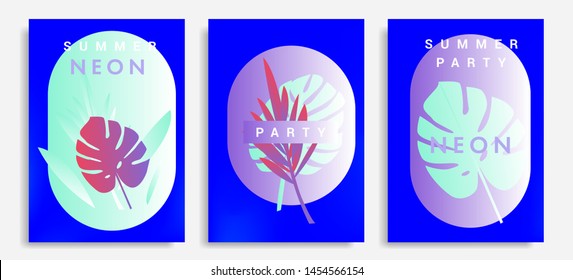 Set of holographic neon posters with composition of palm leaves and geometric shapes. Summer party event, sale promo, music cover in synthwave/ vaporwave/ retrowave 80s-90s retro style.