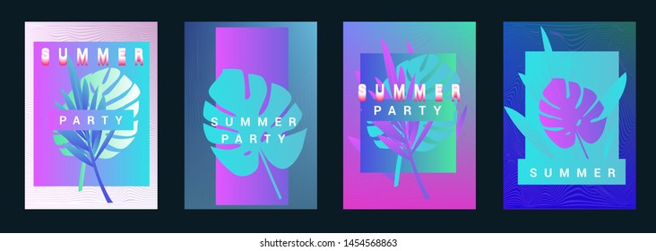 Set of holographic neon posters with composition of palm leaves and geometric shapes. Summer party event, sale promo, music cover in synthwave/ vaporwave/ retrowave 80s-90s retro style.