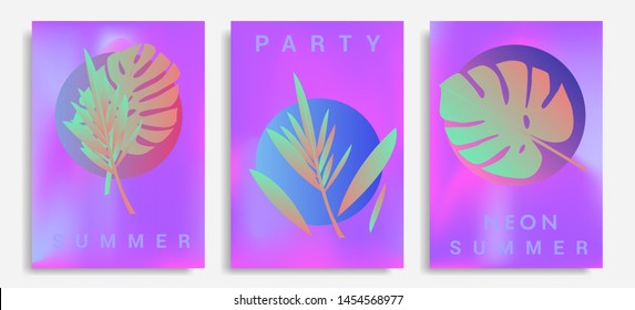 Set of holographic neon posters with composition of palm leaves and geometric shapes. Summer party event, sale promo, music cover in synthwave/ vaporwave/ retrowave 80s-90s retro style.