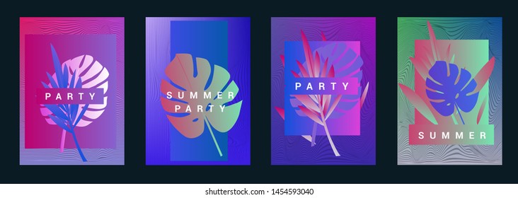 Set of holographic neon posters with composition of palm leaves and geometric shapes. Summer party event, sale promo, music cover in synthwave/ vaporwave/ retrowave 80s-90s retro style.