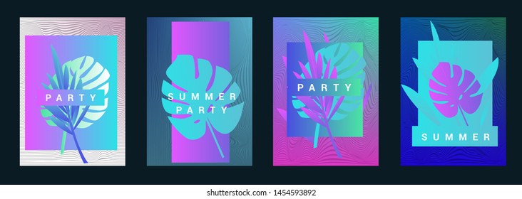 Set of holographic neon posters with composition of palm leaves and geometric shapes. Summer party event, sale promo, music cover in synthwave/ vaporwave/ retrowave 80s-90s retro style.