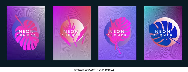 Set of holographic neon posters with composition of palm leaves and geometric shapes. Summer party event, sale promo, music cover in synthwave/ vaporwave/ retrowave 80s-90s retro style.