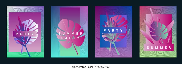 Set of holographic neon posters with composition of palm leaves and geometric shapes. Summer party event, sale promo, music cover in synthwave/ vaporwave/ retrowave 80s-90s retro style.