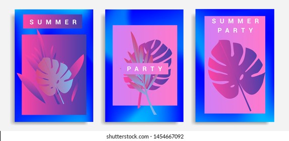 Set of holographic neon posters with composition of palm leaves and geometric shapes. Summer party event, sale promo, music cover in synthwave/ vaporwave/ retrowave 80s-90s retro style.