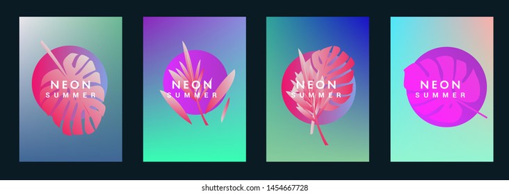 Set of holographic neon posters with composition of palm leaves and geometric shapes. Summer party event, sale promo, music cover in synthwave/ vaporwave/ retrowave 80s-90s retro style.