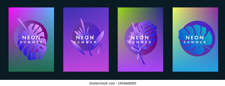 Set of holographic neon posters with composition of palm leaves and geometric shapes. Summer party event, sale promo, music cover in synthwave/ vaporwave/ retrowave 80s-90s retro style.