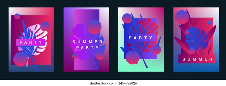 Set of holographic neon posters with composition of palm leaves and geometric shapes. Summer party event, sale promo, music cover in synthwave/ vaporwave/ retrowave 80s-90s retro style.