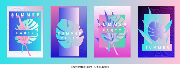 Set of holographic neon posters with composition of palm leaves and geometric shapes. Summer party event, sale promo, music cover in synthwave/ vaporwave/ retrowave 80s-90s retro style.