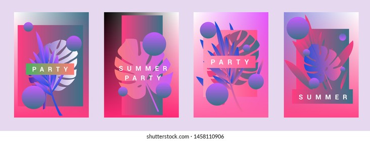 Set of holographic neon posters with composition of palm leaves and geometric shapes. Summer party event, sale promo, music cover in synthwave/ vaporwave/ retrowave 80s-90s retro style.