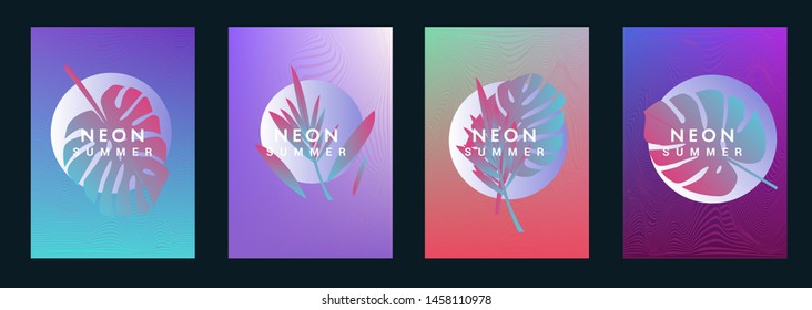 Set of holographic neon posters with composition of palm leaves and geometric shapes. Summer party event, sale promo, music cover in synthwave/ vaporwave/ retrowave 80s-90s retro style.