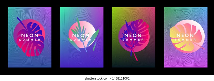 Set of holographic neon posters with composition of palm leaves and geometric shapes. Summer party event, sale promo, music cover in synthwave/ vaporwave/ retrowave 80s-90s retro style.