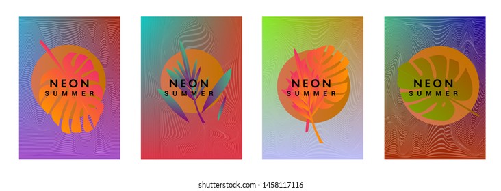 Set of holographic neon posters with composition of palm leaves and geometric shapes. Summer party event, sale promo, music cover in synthwave/ vaporwave/ retrowave 80s-90s retro style.