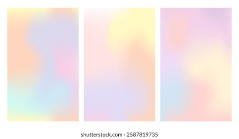 Set of holographic pastel backgrounds. Holographic foil background set. Trendy creative cosmic gradient. Illustration.