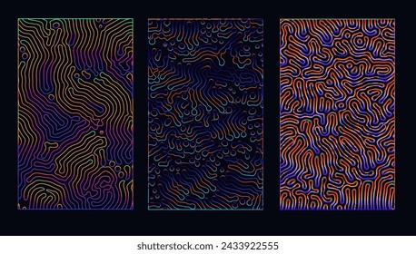 Set of holographic patterns with warped psychedelic pattern of colorful neon lines.