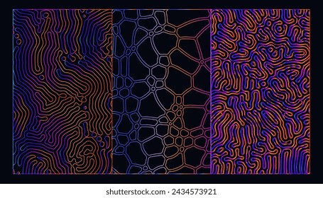 Set of holographic patterns with warped psychedelic pattern of colorful neon lines.