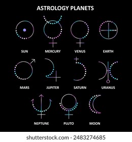 Conjunto de iconos de planetas holográficos. Astrología, horóscopo. Efecto holográfico. Gradiente holográfico.