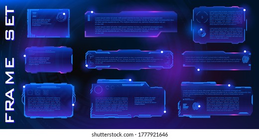 Set holographic pop-up frames or screens with information. Sparkling blue transparent screens on dark blue background in the style of HUD, GUI, UI. Computer game user interface