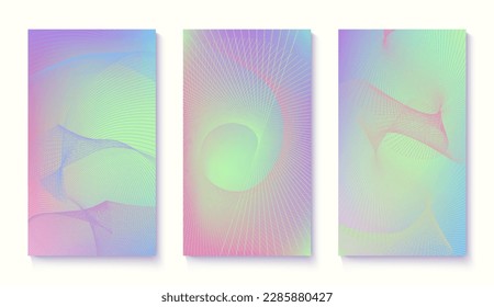 Set of Holographic poster templates with dotted flowing wavy particles. Modern abstract gradients backgrounds. Good for social media posts, cover, stories.