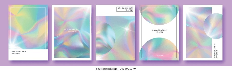 Set of holographic posters in minimalist style. Templates for design and decoration. Holographic background, fashion trend.
