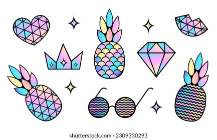 Set of holographic rainbow elements on a white background. Pineapple and diamond, heart and lips, glasses and crown. Vector stock illustration.