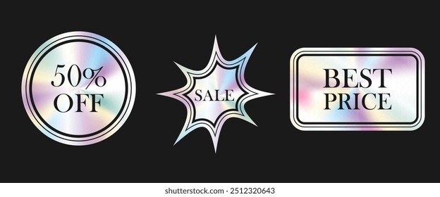 A set of holographic rainbow stickers, labels, discount stickers for goods. Vector illustration. A label with a holographic logo for Cyber Monday.