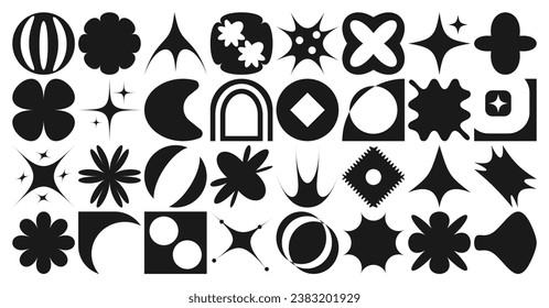 Set of holographic retro futuristic geometry sticker star flower circle shapes arch lines square. Templates for posters projects banners logo business card. Pack design. Vector illustration y2k style.