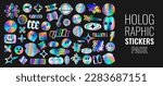 Set of holographic retro futuristic stickers. Vector illustration with iridescent foil adhesive film with symbols and objects in y2k style. Holographic futuristic labels.