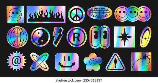 Set of holographic retro futuristic stickers. Vector illustration with iridescent foil adhesive film with symbols and objects in y2k style. Glued holographic crumpled labels with grunge effect.