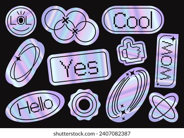 Set of holographic retro futuristic stickers. Design circle stars flowers shapes lines square. Vector illustration iridescent foil adhesive film with symbols, objects in y2k style. Futuristic labels