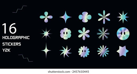 Set of holographic retro futuristic stickers. Vector illustration with iridescent foil adhesive film with symbols and objects in y2k style. Holographic futuristic labels