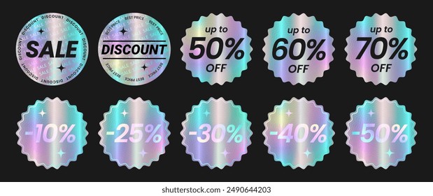 Set of holographic round sticker templates, neon label with holographic effect. Shiny rainbow emblems Sale, up to 50% off, 40%, 60%, 70%, Discount, best price, special offer. Isolated Vector EPS10

