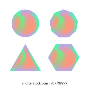 Set of holographic shapes for logotype, frame, design. Triangle, circle, hexagon and polygon.