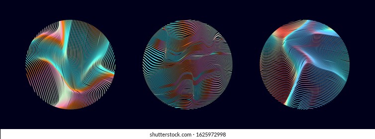 Set of holographic shiny circles with glitched wavy pattern. Retrofuturistic vaporwave and synthwave style elements for design.